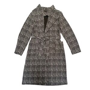 Preppy Chic Black White Plaid Belted Lightweight Knit Layering Jacket Size L